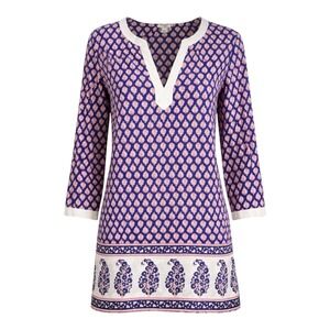 J. Crew Blue Paisley Tunic Top L Boho V Neck 3/4 Sleeve Summer Blouse